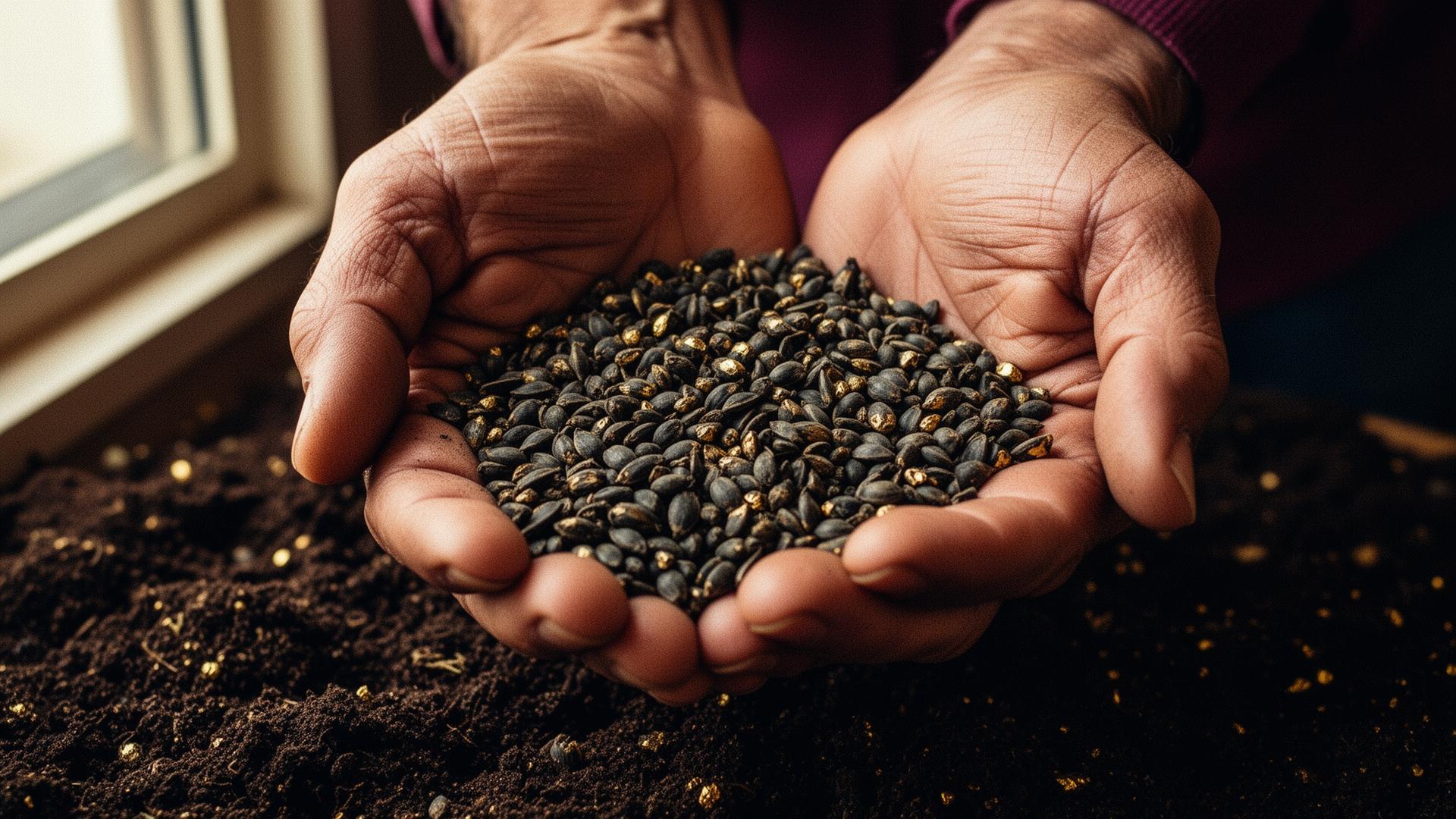 Farmer's hands cupping cannabis seeds over rich soil